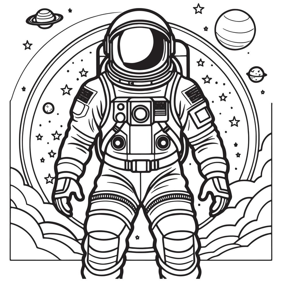 astronaut översikt färg sida illustration för barn och vuxen vektor