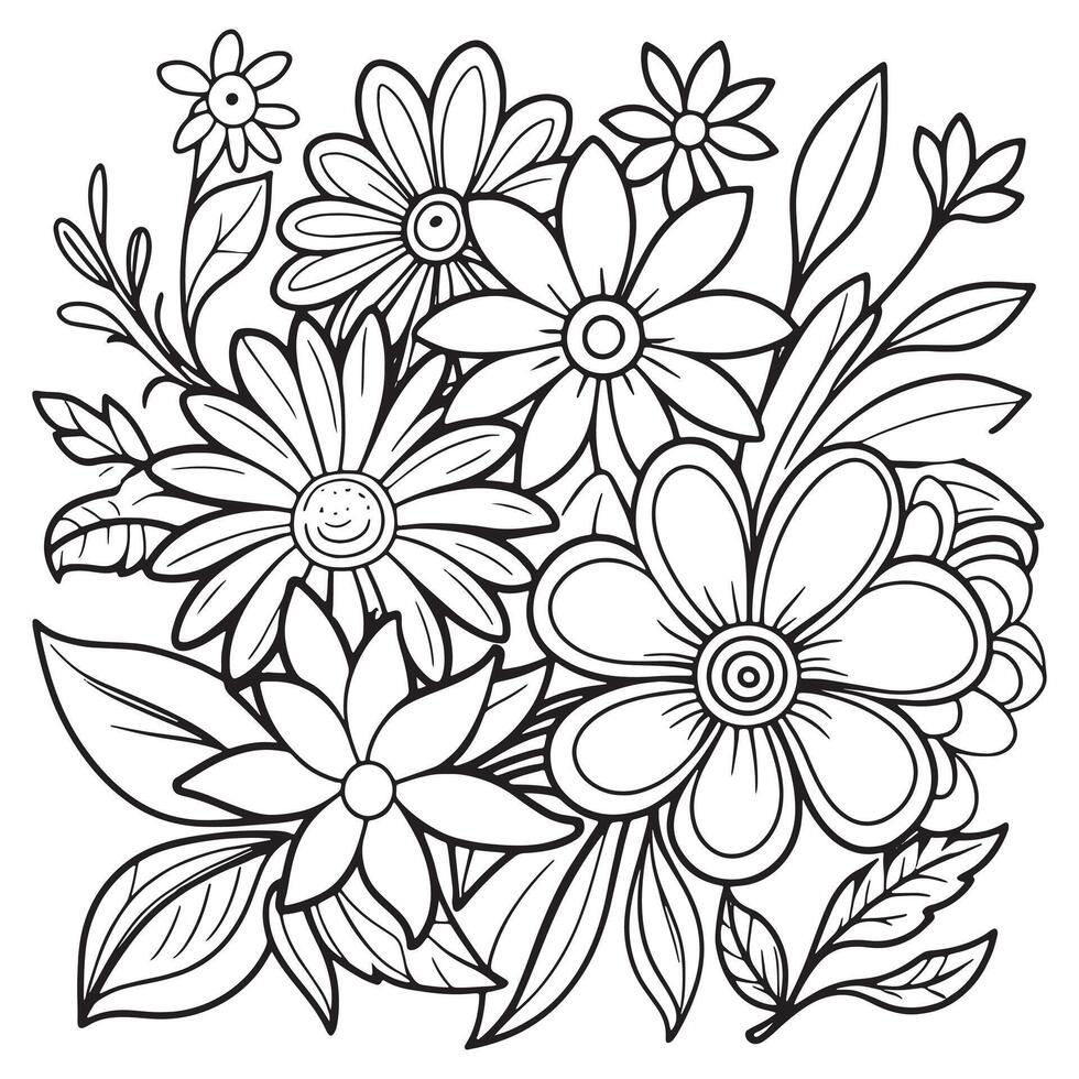 Kinder- Blumen- Gliederung Illustration Gekritzel Färbung Buch Hand gezeichnet Vektor