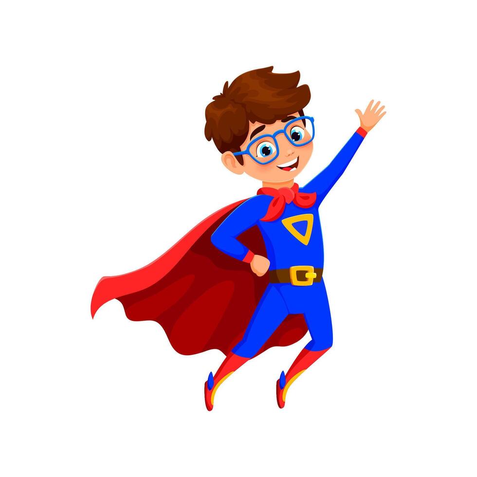Karikatur Kind Junge Superheld mit ein Unterschrift Emblem vektor
