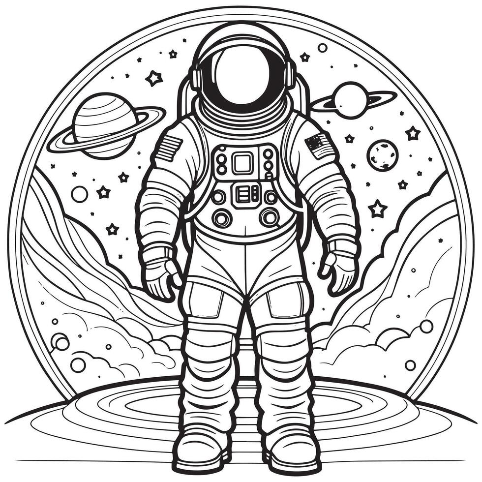 astronaut översikt färg sida illustration för barn och vuxen vektor