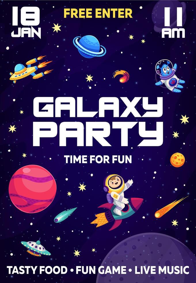 Galaxis Party Flyer mit Astronaut Reiten Rakete vektor