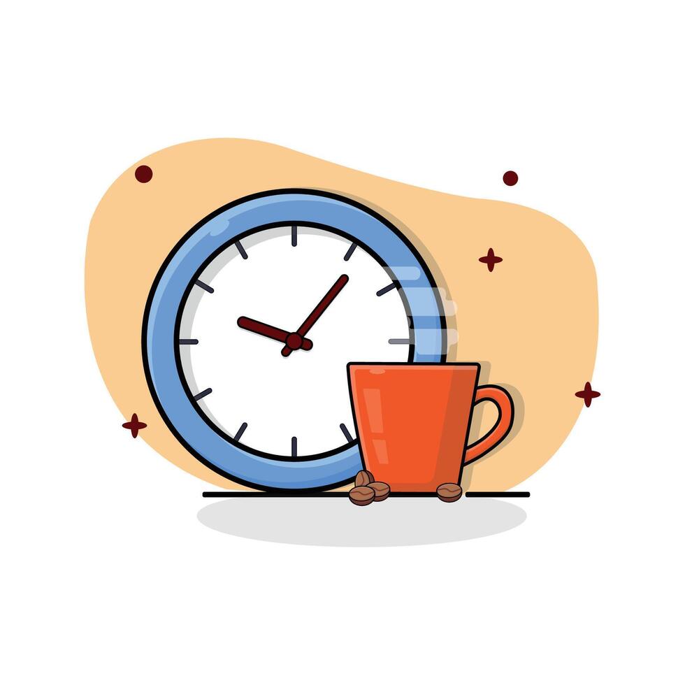 kaffe kopp och klocka vektor illustration. kaffe tid begrepp platt tecknad serie stil design