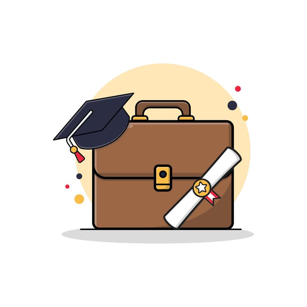 Büro Tasche mit Hut und Zertifikat Vektor Illustration. Praktikum Job Konzept Design