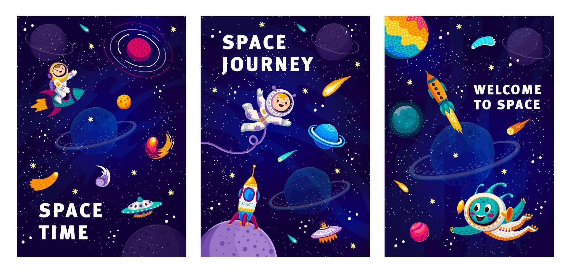 tecknad serie Plats posters med unge astronaut, raket vektor