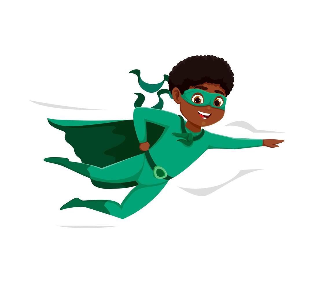 Karikatur Kind Superheld Charakter, schwarz fliegend Junge vektor