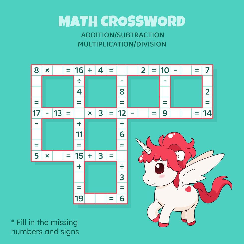 matematik korsord pussel för barn. tillägg, subtraktion, multiplikation och division. räkning upp till 20. vektor illustration. spel med tecknad serie söt enhörning. uppgift, utbildning material för ungar.