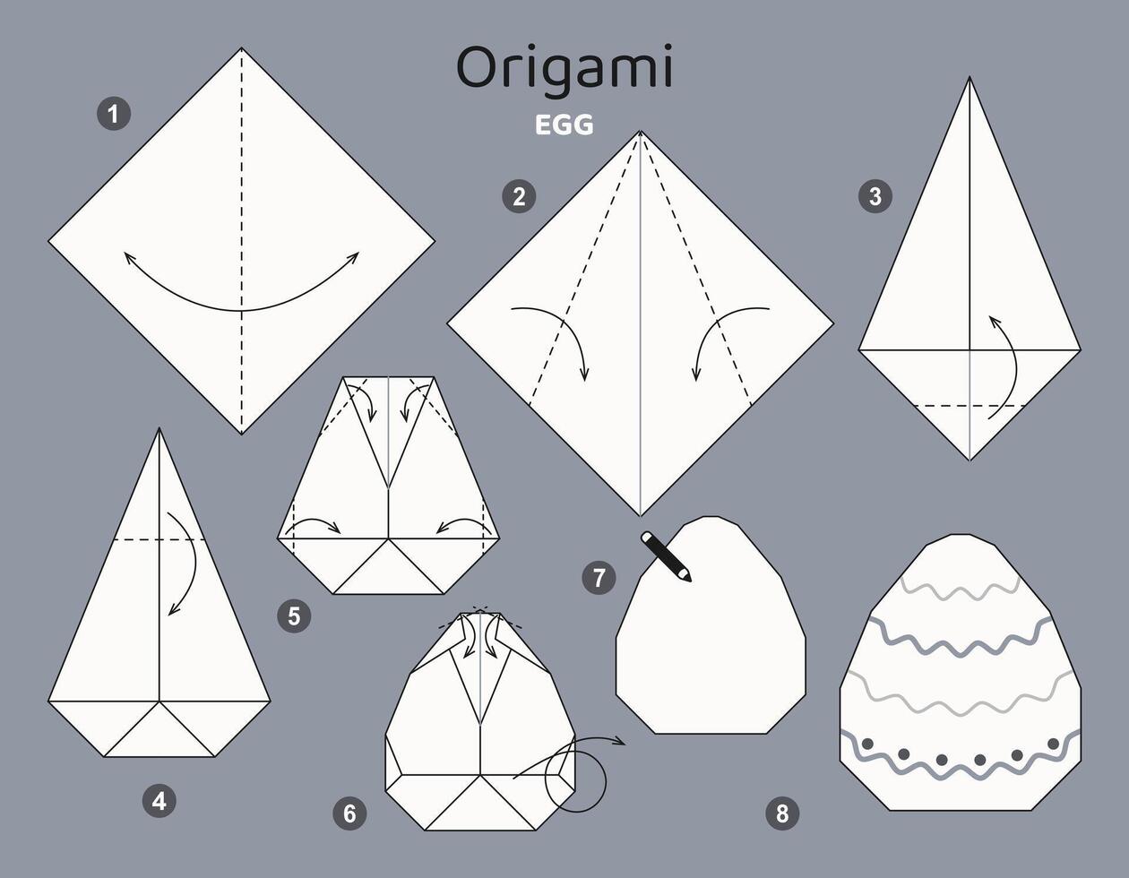 Ostern Ei Origami planen Lernprogramm ziehen um Modell. Origami zum Kinder. Schritt durch Schritt Wie zu machen ein süß Origami Ei. Vektor Illustration.