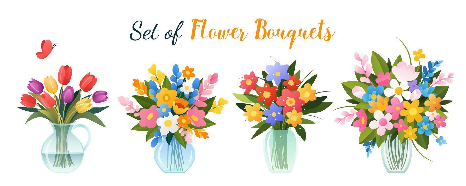 uppsättning av buketter i vaser med vår och sommar blommor. isolerat vektor illustrationer på vit för födelsedag inbjudan, kvinnors dag, mors dag, bröllop kort och etc. blommig design. ClipArt.