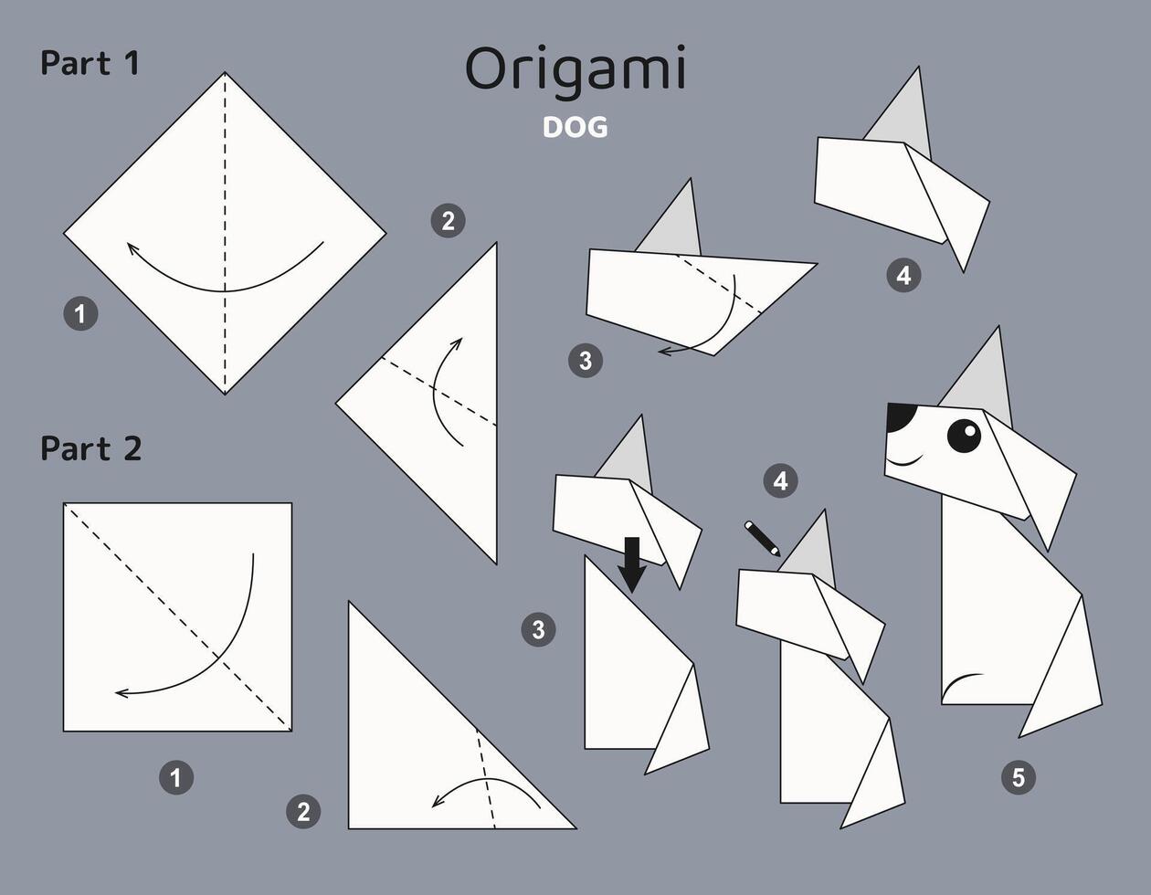 hund origami schema handledning rör på sig modell. origami för ungar. steg förbi steg på vilket sätt till göra en söt origami valp. vektor illustration.