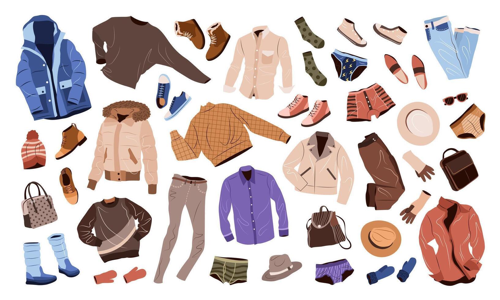 Herren Kleidung einstellen im beiläufig Stil. Mode Kleidung, Zubehör, Schuhe, Taschen zum fallen und Winter. isoliert eben Vektor Abbildungen auf Weiß Hintergrund.