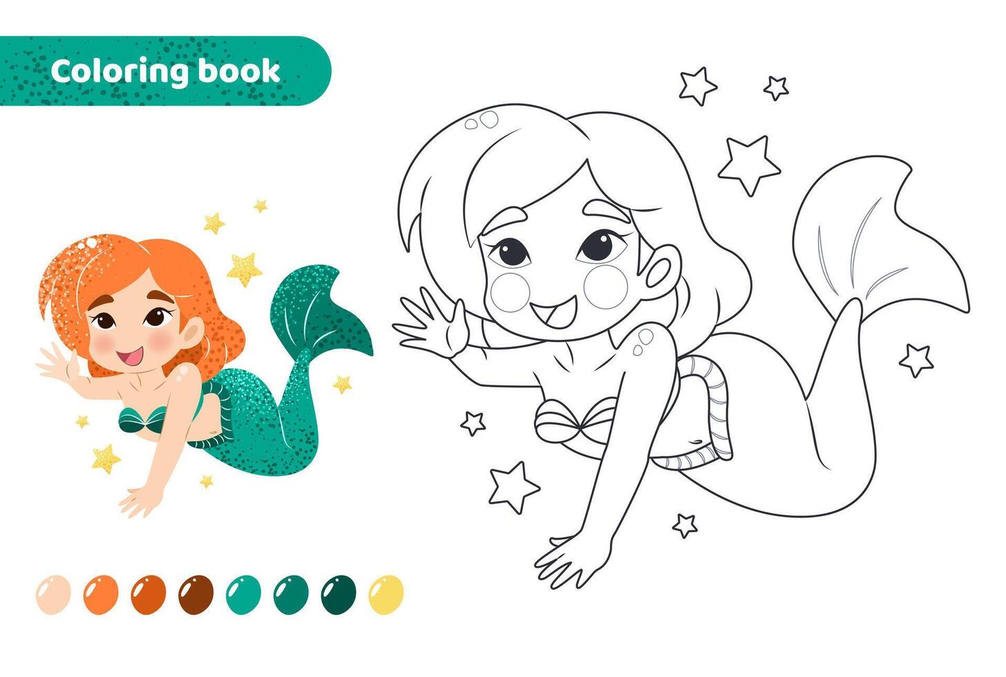 Färbung Buch zum Kinder. Arbeitsblatt zum Zeichnung mit Karikatur Meerjungfrau. süß magisch Kreatur mit Sterne. Färbung Seite mit Farbe Palette zum Kinder. Vektor Illustration.