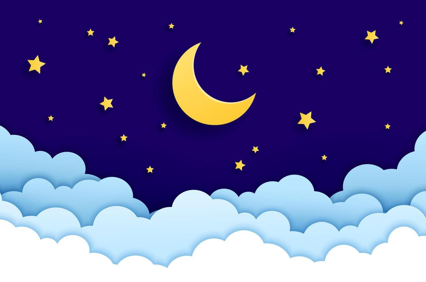 Papier Schnitt Halbmond Mond Nacht Himmel, Sterne, Wolken vektor