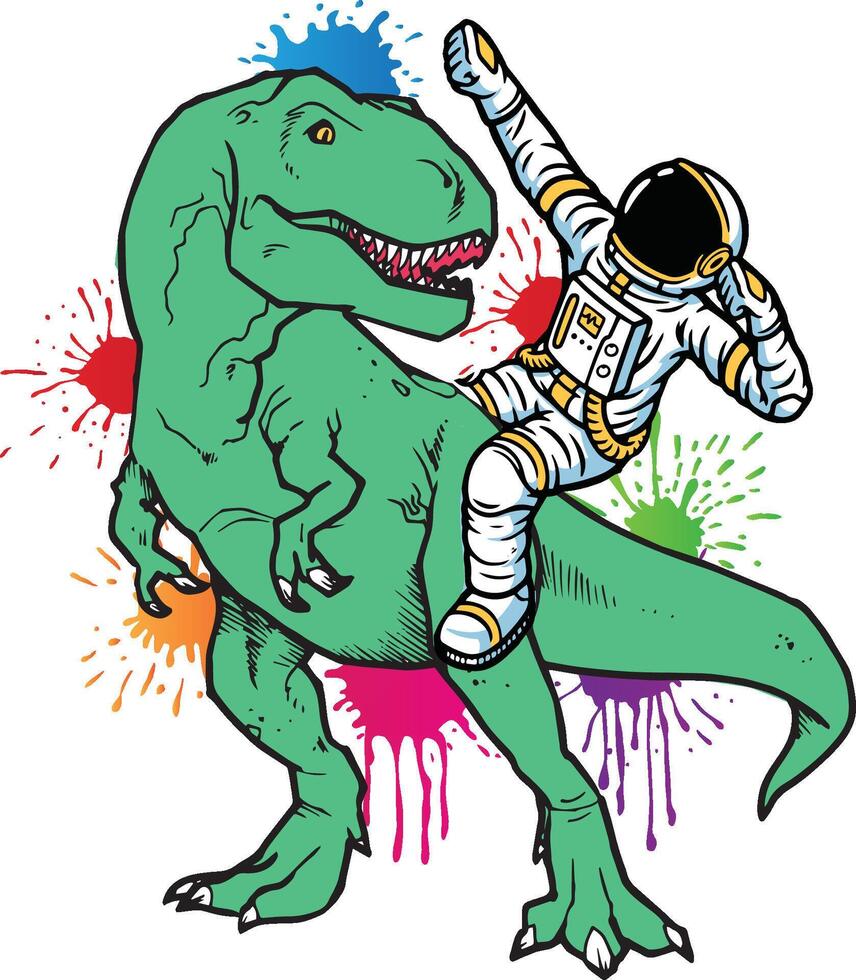 ett astronaut ridning på en dinosaurie med måla stänker. vektor