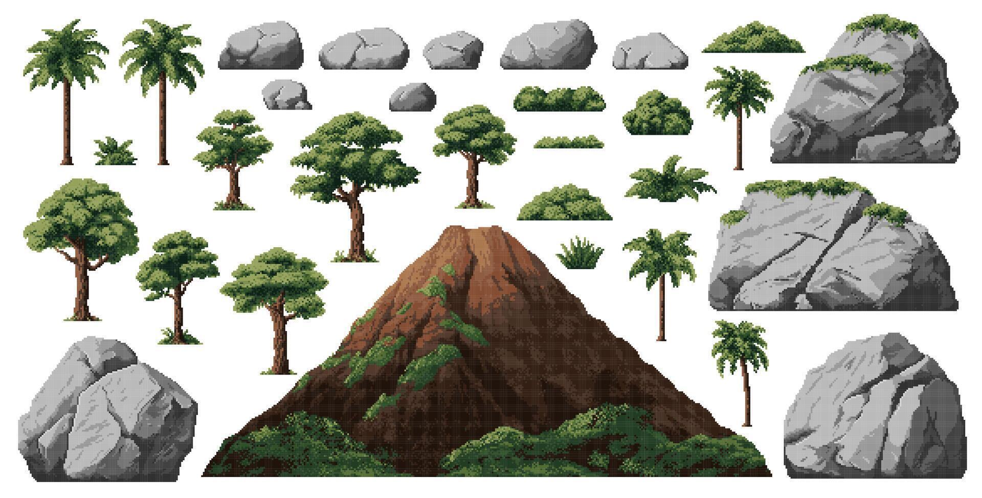 Dinosaurier Epoche Umgebung Pixel Spiel Vermögenswerte, Palmen vektor