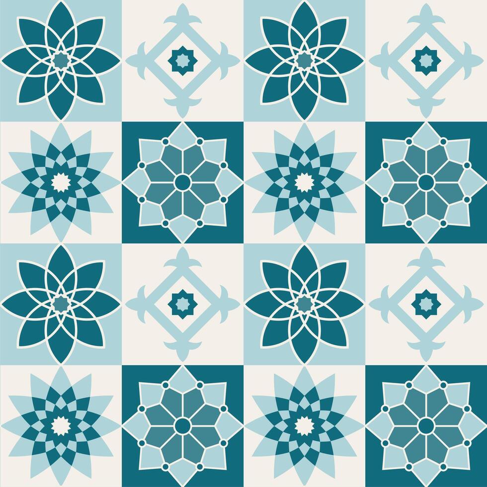 arabicum geometrisk mosaik- tryckbar sömlös mönster med abstrakt marockansk skriva ut i blå och orange färger. ramadan kareem traditionell islamic konst illustration bakgrund vektor