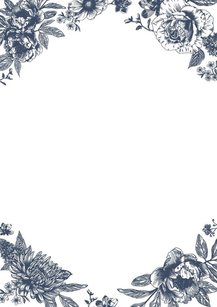 botanisch Blau Hochzeit Rahmen oder Kranz auf Weiß Hintergrund. Hand gezeichnet Blumen, Blume, Blatt Ast im toile de jouy Stil. Linie Kunst zum Hochzeit, Monogramm, Einladung, Gruß, Logo, Geburtstag Karten vektor