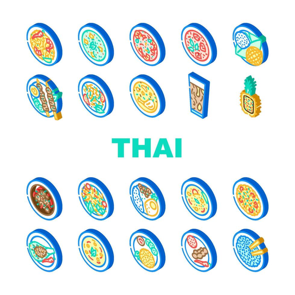 thailändisch Küche Essen asiatisch Gericht Symbole einstellen Vektor