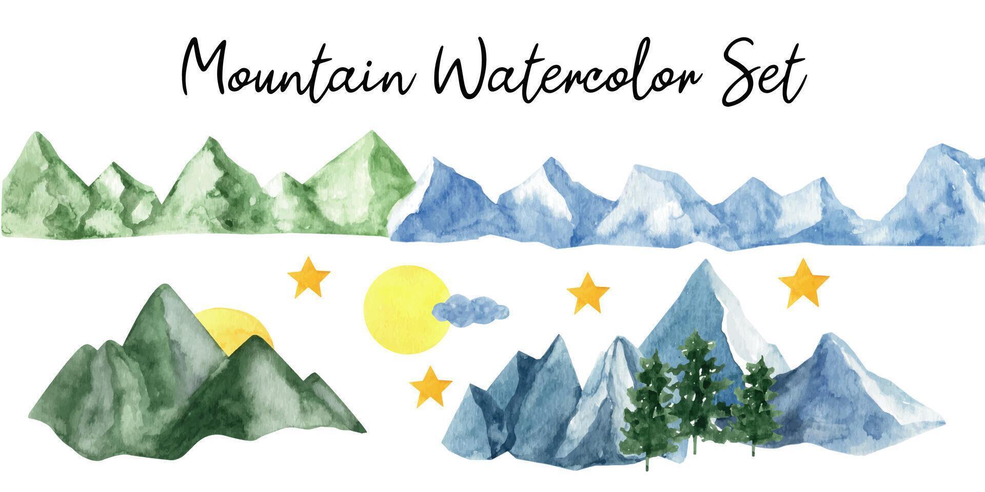 förtjusande hand målad vattenfärg berg och träd klämma konst. vektor