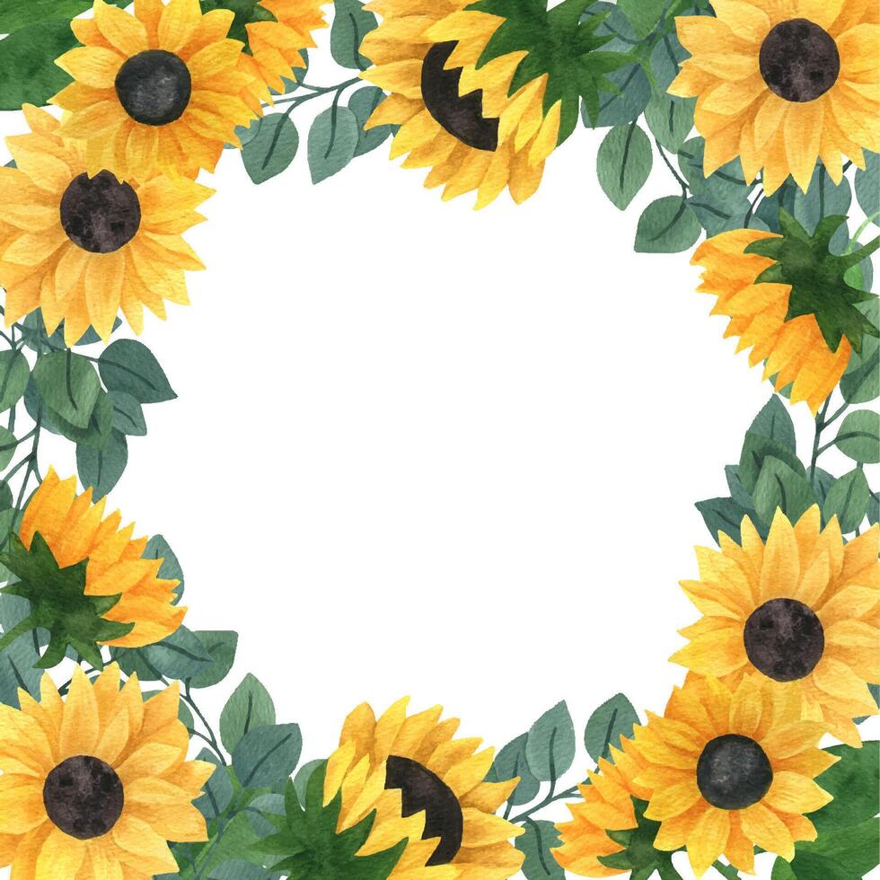 runden Eukalyptus und Sonnenblumen Rand Clip Art zum Hochzeit Einladungen vektor