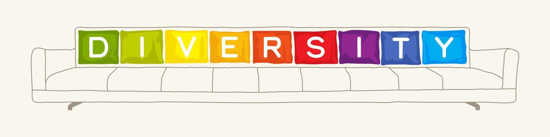 vektor illustration av en soffa med de ord mångfald i färgrik kuddar