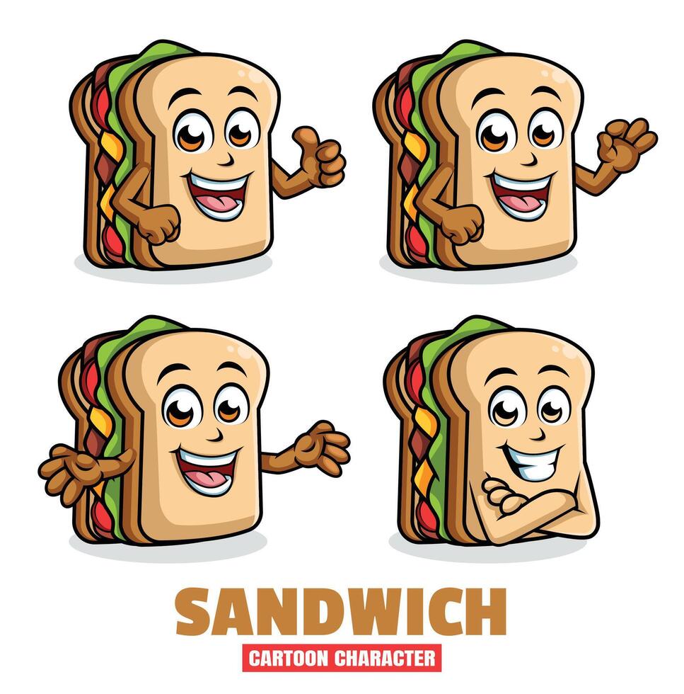 Sandwich Karikatur Maskottchen Charakter Vektor Illustration einstellen im anders Posen, Daumen hoch, OK, Überraschung