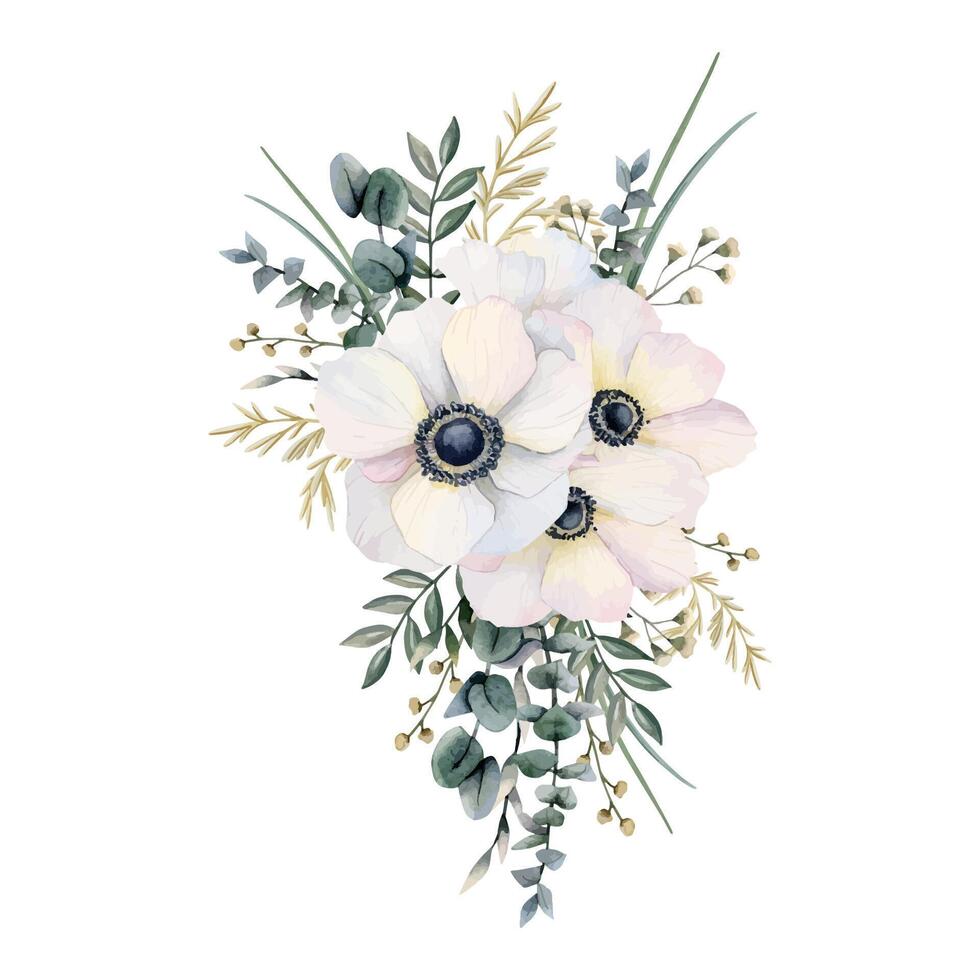 Weiß Anemonen Strauß Dreieck Komposition mit Feld Mohnblumen Blumen, Eukalyptus und Gras Aquarell Vektor Illustration