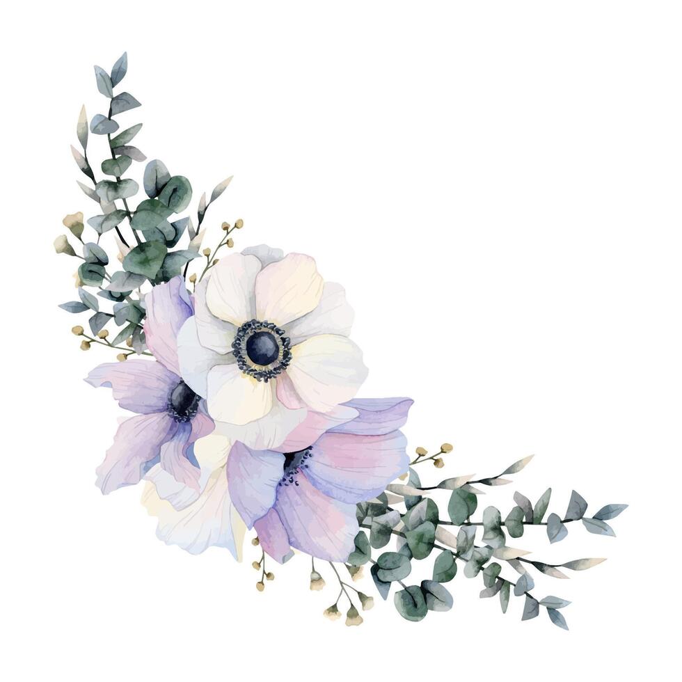 pastell lila och vit anemoner hörn sammansättning med fält vallmo blommor, eukalyptus vektor vattenfärg illustration