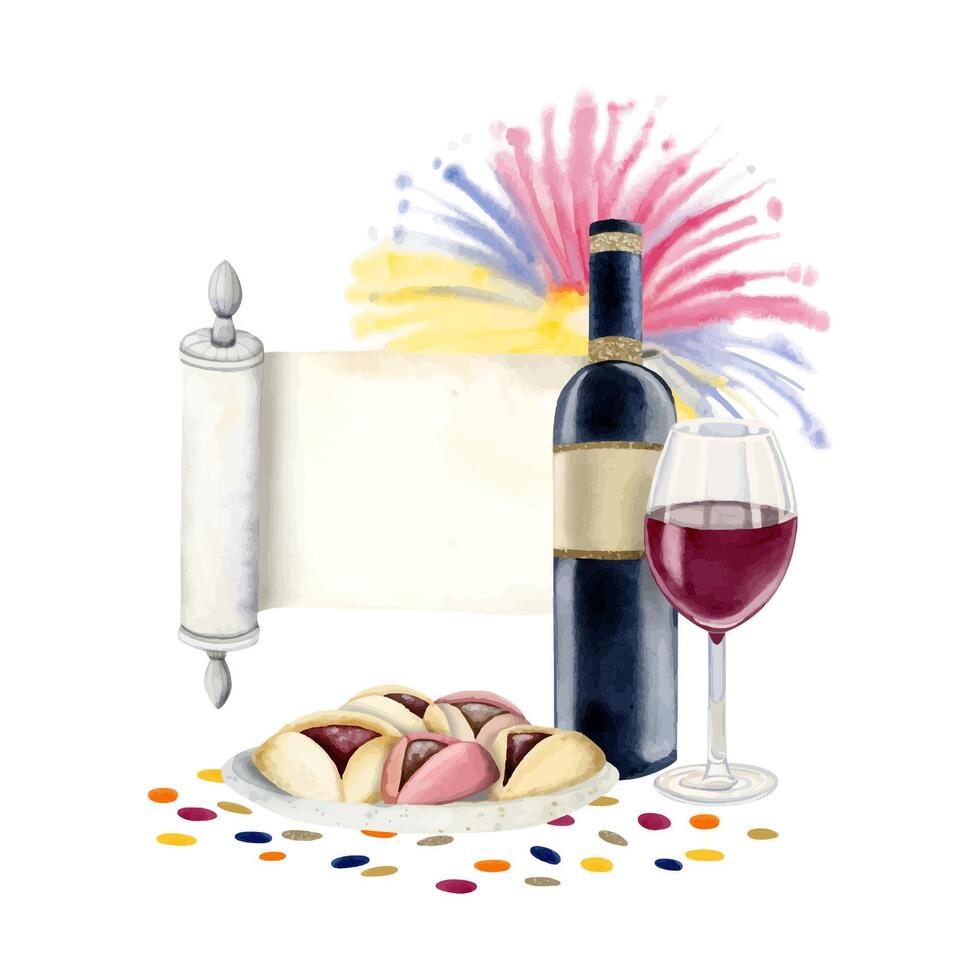 purim Symbole Gruß Karte Vorlage mit Feuerwerk, jüdisch Kekse, megilat esther scrollen, Konfetti und Wein Aquarell Vektor Illustration