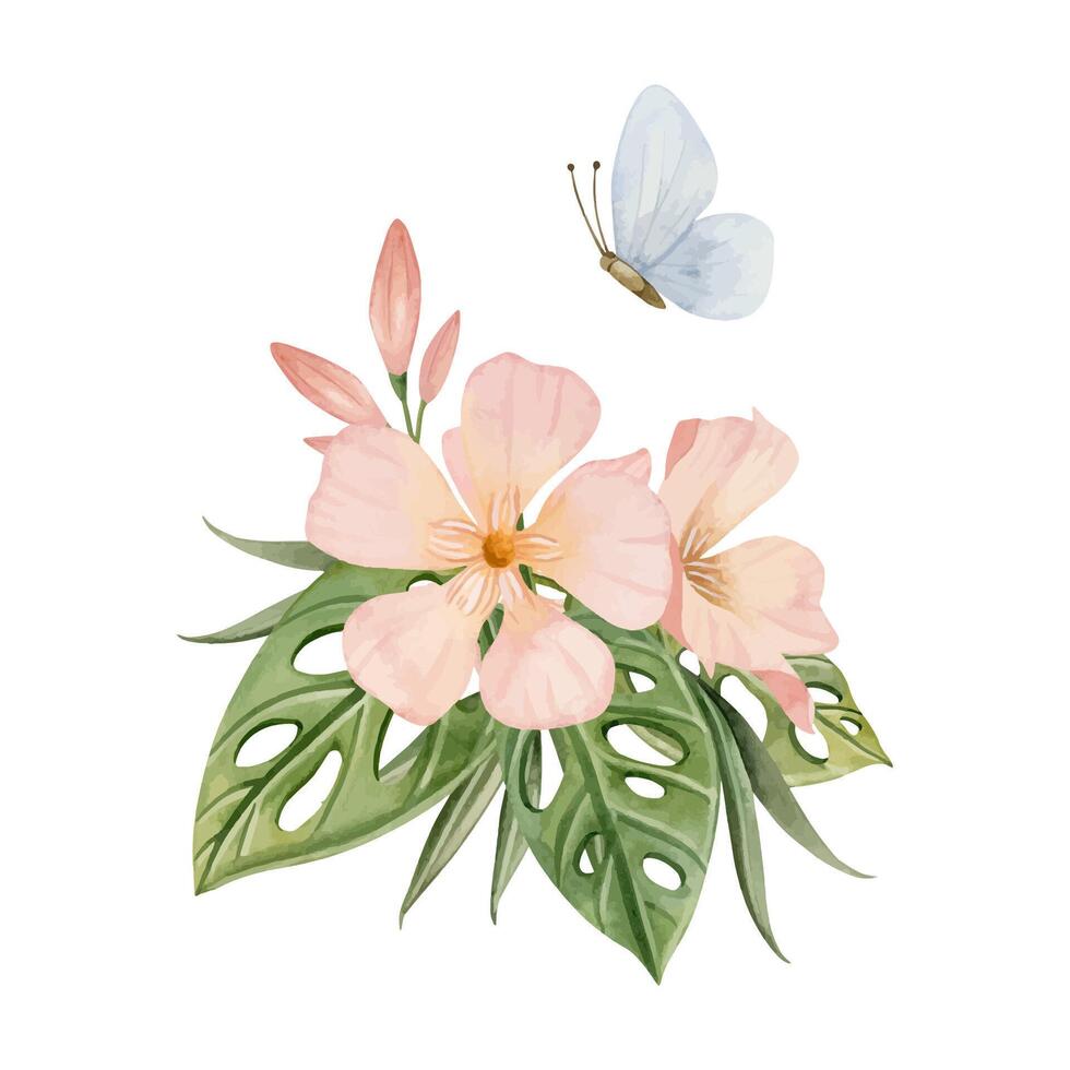 Oleander Blumen mit tropisch Monstera Blätter und Blau Schmetterling Aquarell Vektor Illustration. Pfirsich Flaum Pastell- Rosa Busch