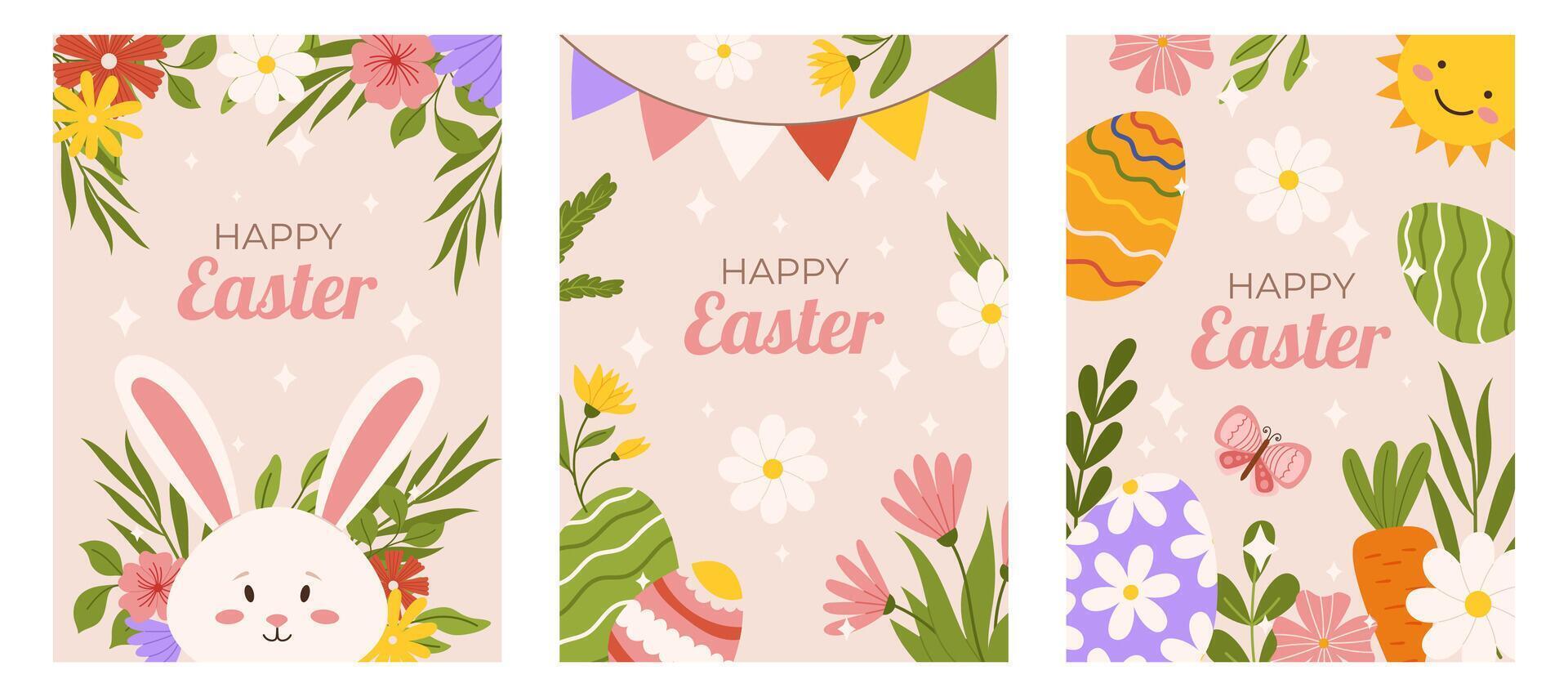 Ostern Sammlung von Vertikale Gruß Karten Vorlage. Design zum Feier Frühling Urlaub mit Blumen, Hase, Schmetterling, Sonne und gemalt Eier. Hand gezeichnet eben Vektor Illustration