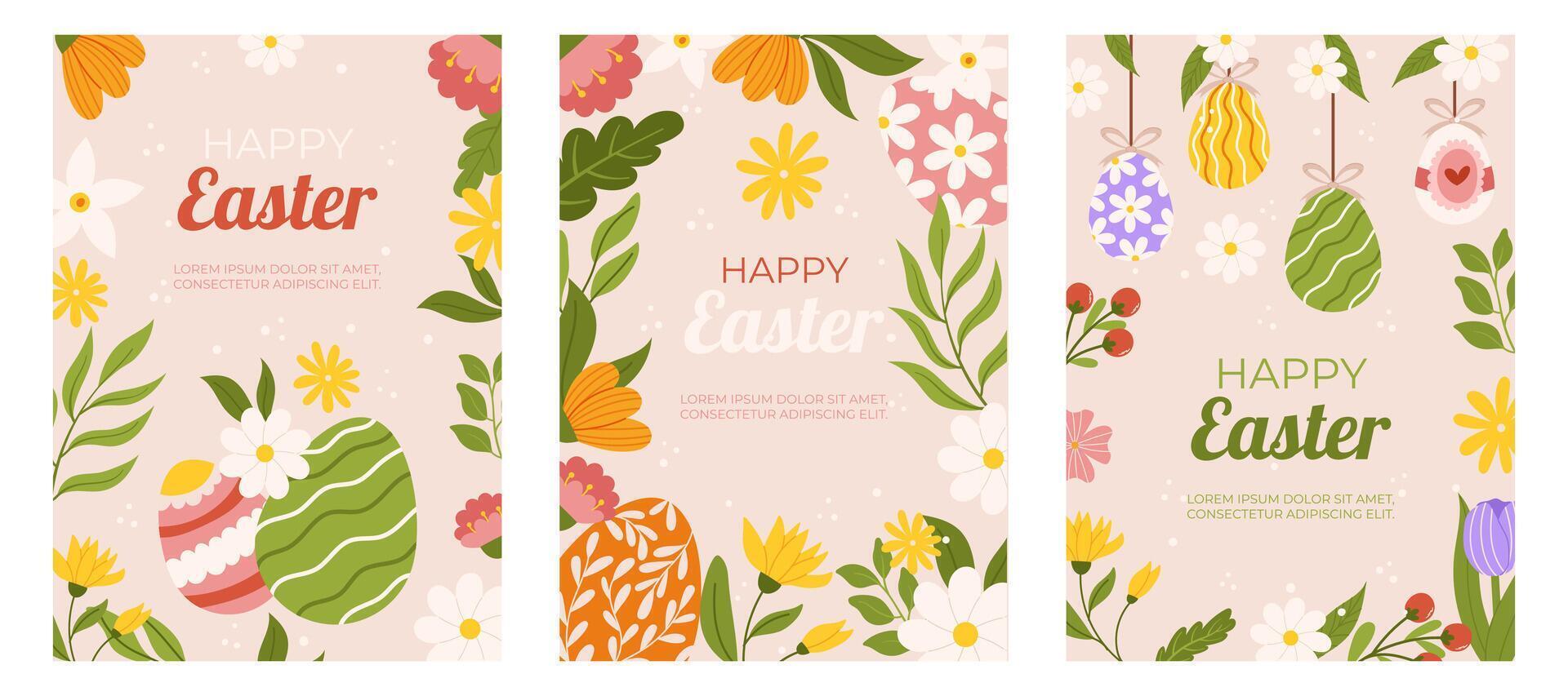 Ostern Sammlung von Vertikale Gruß Karten Vorlage. Design mit Blumen und gemalt Eier hängend auf Schnur. Hand gezeichnet eben Vektor Illustration