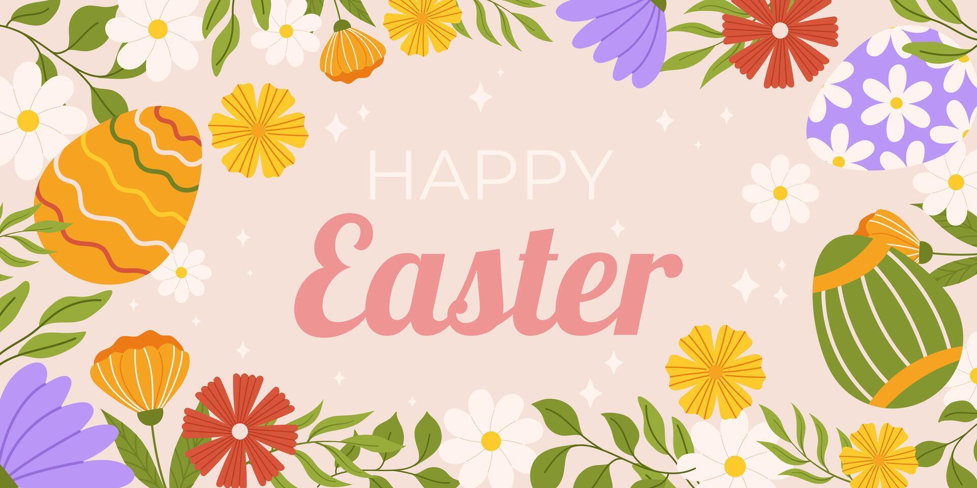 glücklich Ostern horizontal Hintergrund Vorlage. Design mit gemalt Eier, Blumen und Blätter um vektor