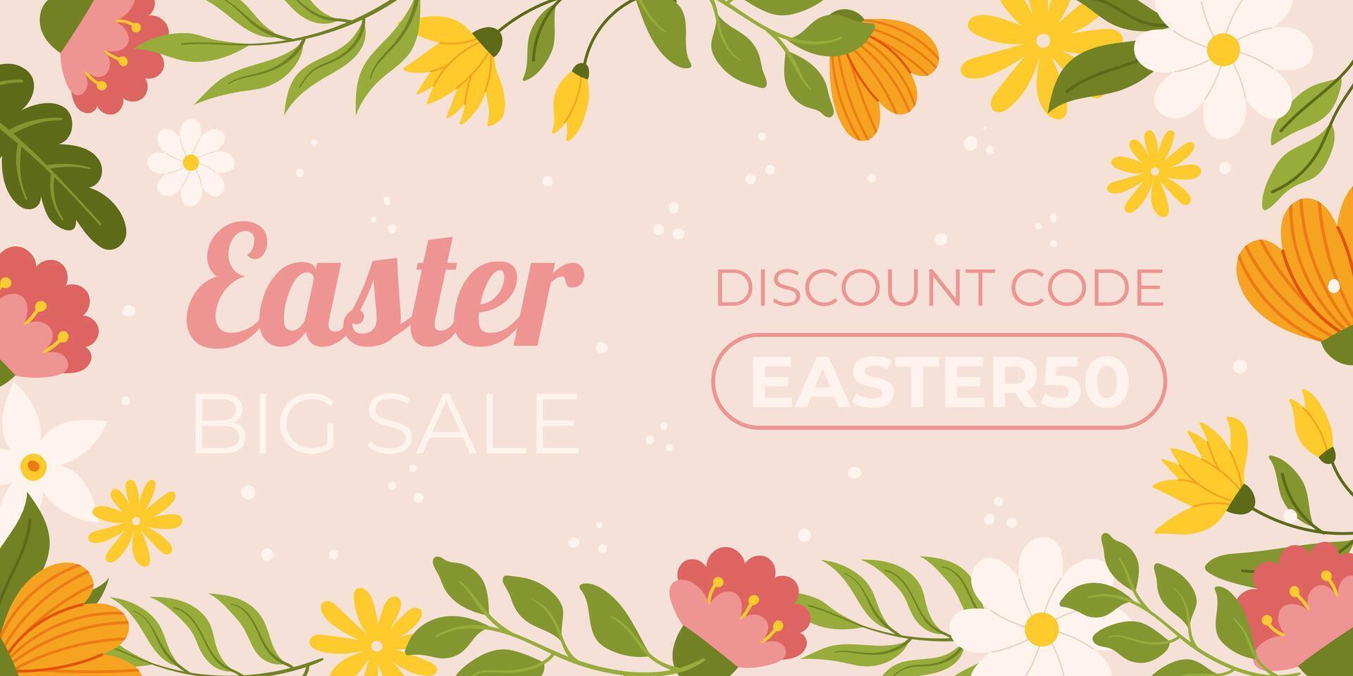 Ostern Verkauf horizontal Hintergrund Vorlage zum Förderung. Design mit Blumen. Frühling saisonal Werbung. Hand gezeichnet eben Vektor Illustration