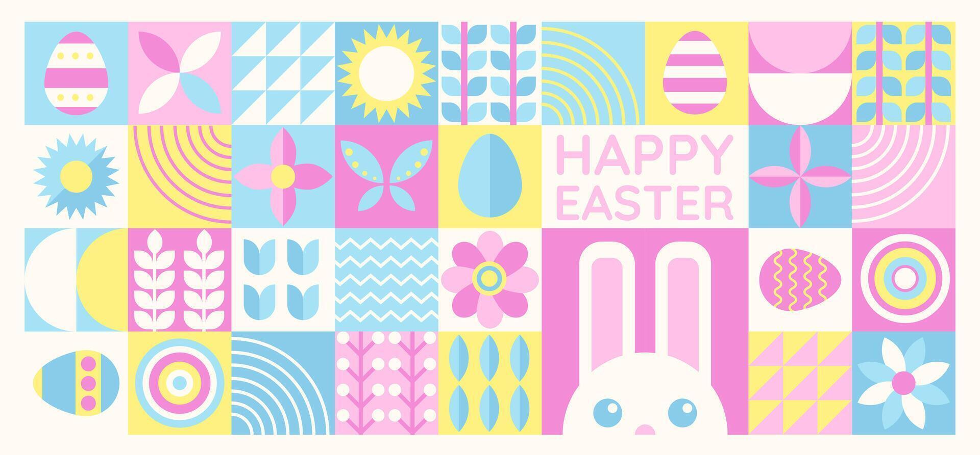 glücklich Ostern Banner mit eben Grafik Elemente und Symbole von das Urlaub, dekoriert Eier und Hase, Pflanzen Zeichnungen. Vektor Illustration mit Text Gruß.