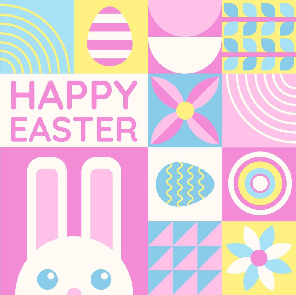 glücklich Ostern Banner mit eben Grafik Elemente und Symbole von das Urlaub, dekoriert Eier und Hase, Pflanzen Zeichnungen. Vektor Illustration mit Text Gruß.