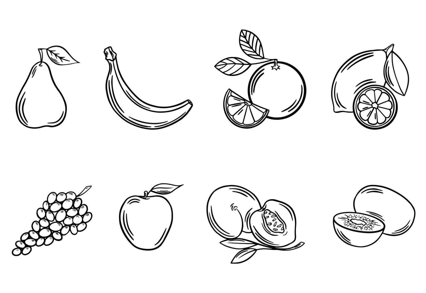 svart översikt frukt. uppsättning av vektor illustrationer. friska mat, vegan, vegetarian, frukt klistermärken. linje konst