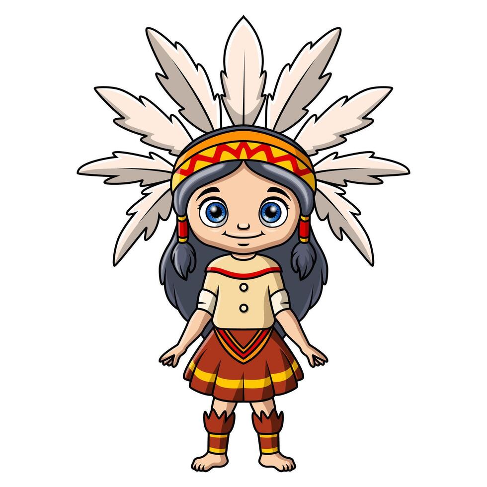 söt inföding amerikan indisk flicka tecknad serie på vit bakgrund vektor