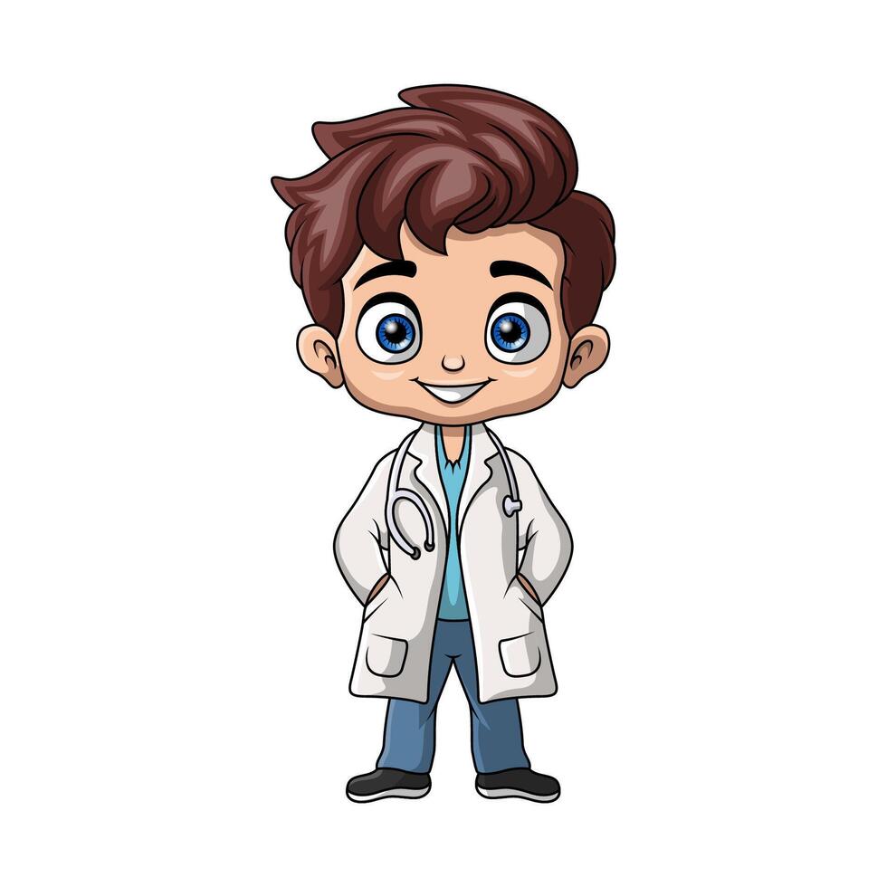 söt pojke läkare tecknad serie på vit bakgrund vektor