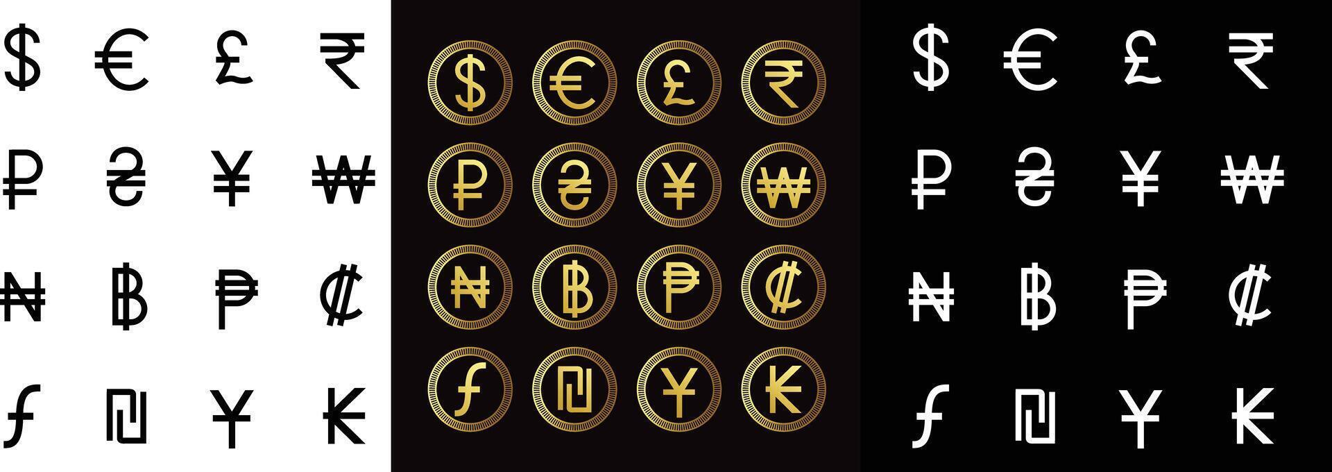 vektor valuta tecken av annorlunda länder. uppsättning av svart, gyllene Färg och vit valuta symboler.