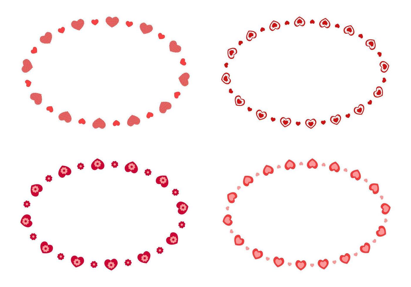 uppsättning av oval formad ramar med hjärtan och blommor. samling av mallar för valentine dag kort, bröllop inbjudan, Foto, bild, baner, klistermärken vektor