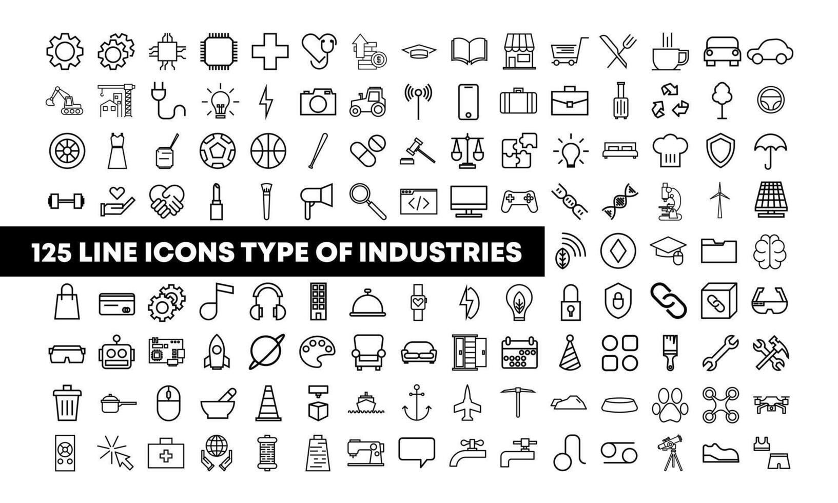 uppsättning av linje ikoner, typ av industri. teknologi, sjukvård, förvaltning, fabrik, tillverkning, företag, industri. vektor illustration