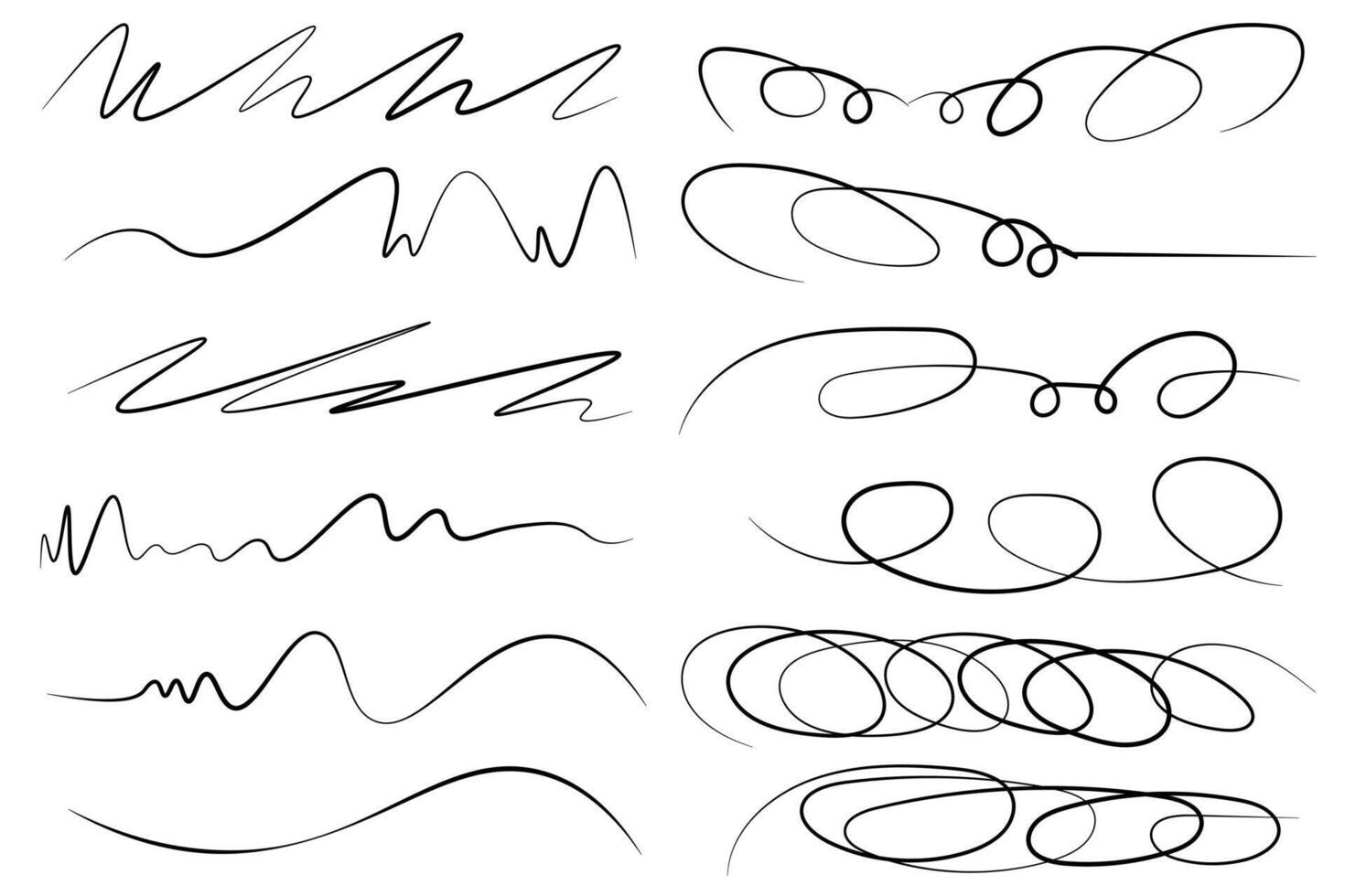 uppsättning av klottra rader, borsta stroke markör. hand dragen Understrykning samling, stroke, pensel, klotter, penna, grunge. vektor illustration