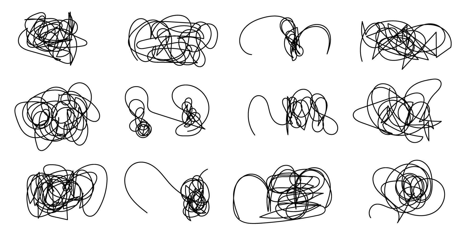 einstellen von verheddert runden kritzeln Linie. Hand gezeichnet Gekritzel Stift Stil. chaotisch, Chaos, abstrakt, Gewirr Vektor Illustration