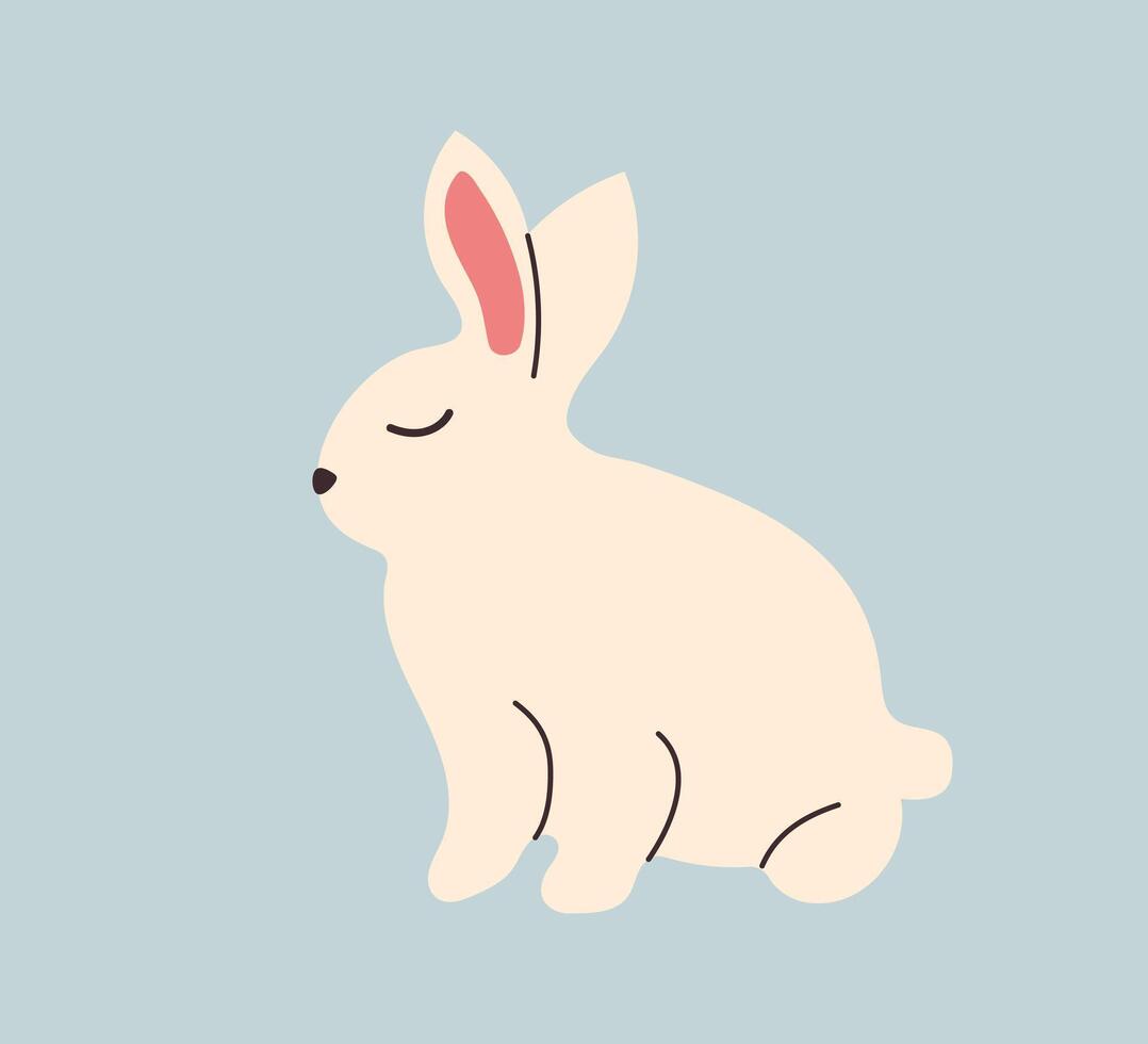 Weiß Hase Hand gezeichnet. minimalistisch Illustration mit Hase Sitzung im Gekritzel Stil. süß Charakter Hase mit groß Ohren im eben Stil zum dekorieren Ostern Karten und Plakate. vektor