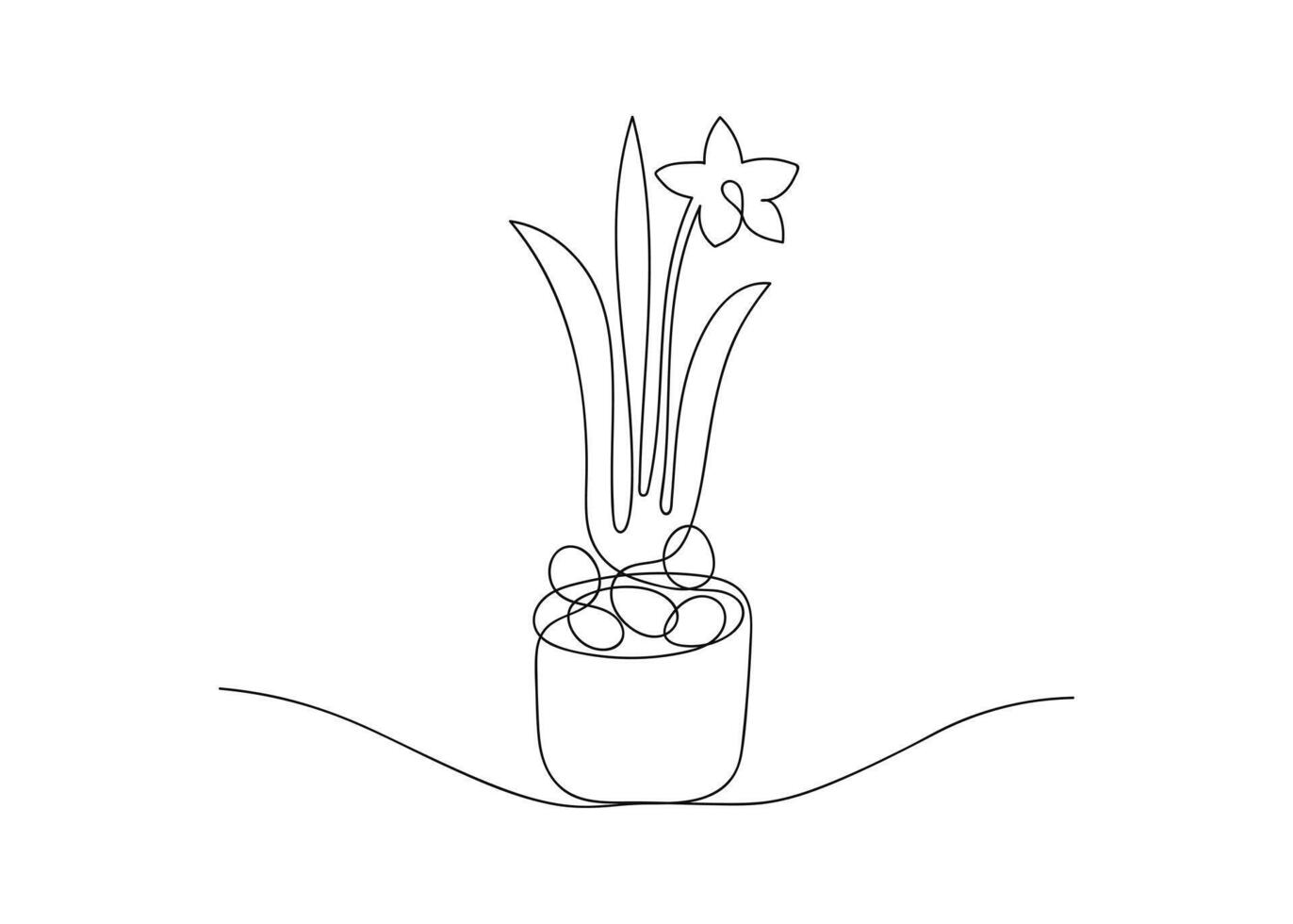 översikt påsk ägg och blomning narciss blomma i pott. festlig kontinuerlig ett linje teckning av ägg jägare begrepp. hand dragen vektor illustration i modern minimal stil för hälsning kort, affisch.