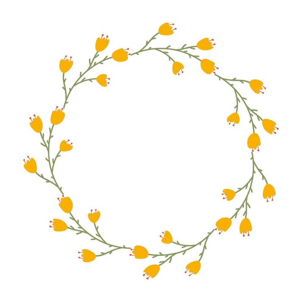 klotter blommig krans tillverkad av gul tulpaner i cirkel. hand dragen minimalistisk vår blommor. runda sommar ram eller gräns med plats text, Citat eller logotyp i platt stil. vektor