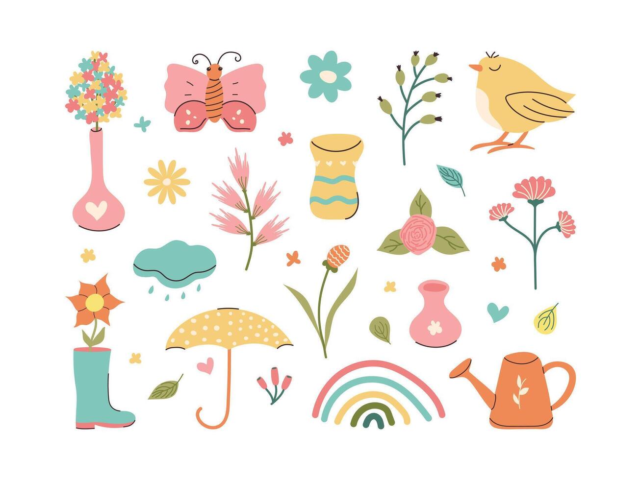 einstellen von Frühling Elemente zum handgemalt Dekorationen. Vogel Regenbogen Vasen Regenschirm im Gekritzel Stil. Blumen und Vase im minimalistisch einfach Kinder- Stil. Hand gezeichnet Vektor Design.