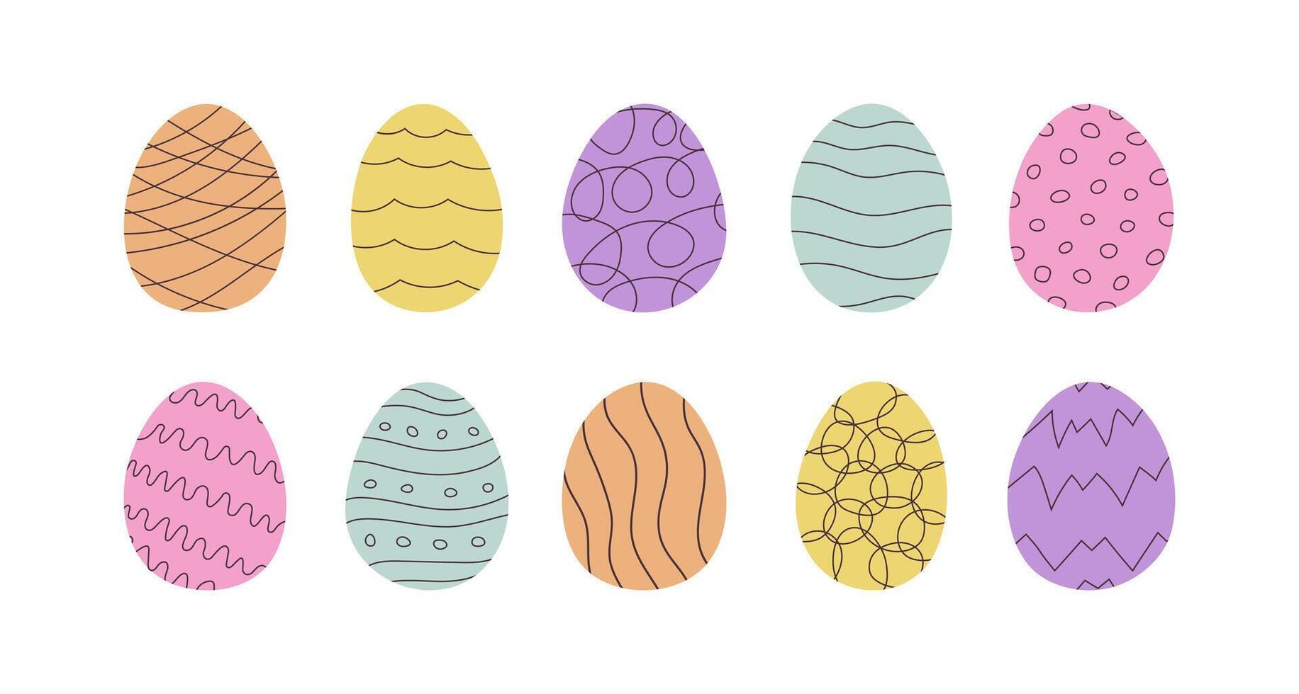 uppsättning av påsk ägg i klotter stil. Semester mat är dekorerad med abstrakt rader, vågor och Övrig mönster. hand dragen vektor illustration i pastell färger.