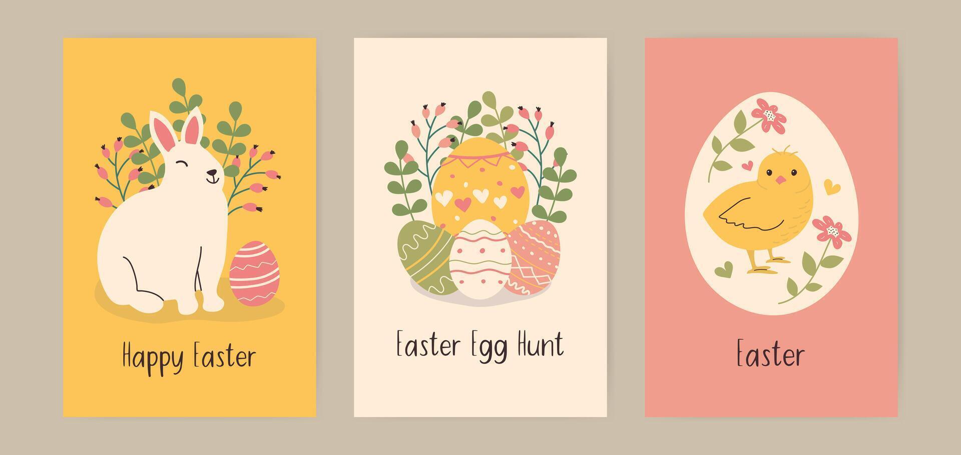 Hand gezeichnet Ostern Gruß Karten. Vertikale Postkarten mit Hase Küken und Blumen im Gekritzel Stil. mehrfarbig Eier jagen Essen mit anders Muster von Herzen, Linien und Kreise handgemalt. vektor