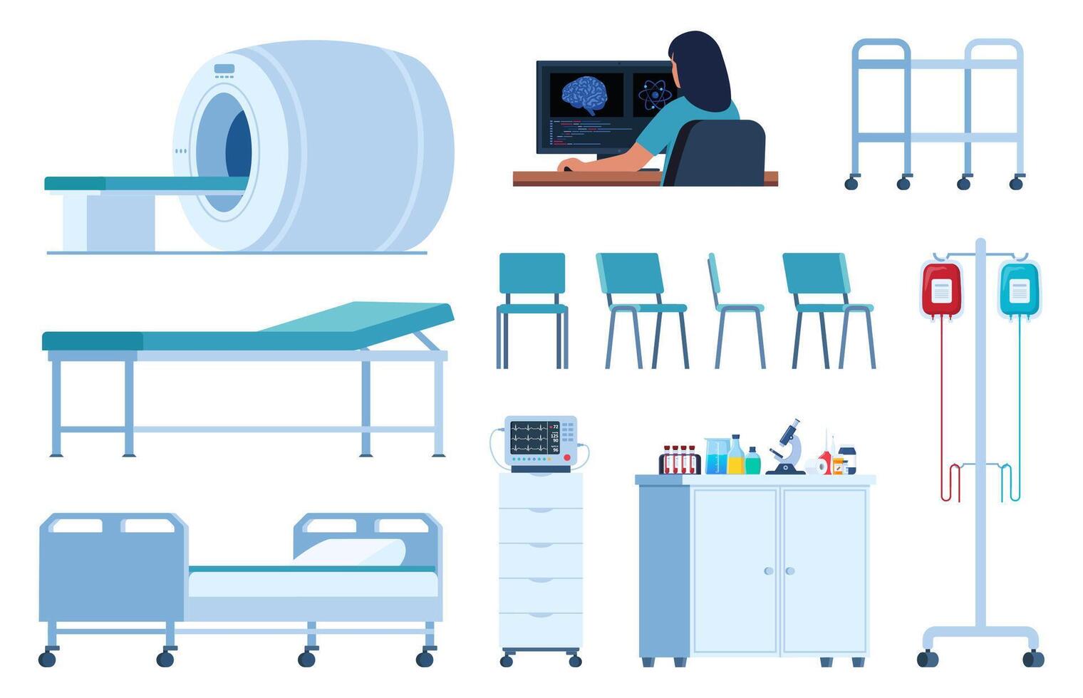 medizinisch Geräte zum das Behandlung und Diagnose von Personen. Krankenhaus Möbel Elemente. medizinisch Ausrüstung zum Prüfung Mensch Gesundheit. Vektor Illustration.